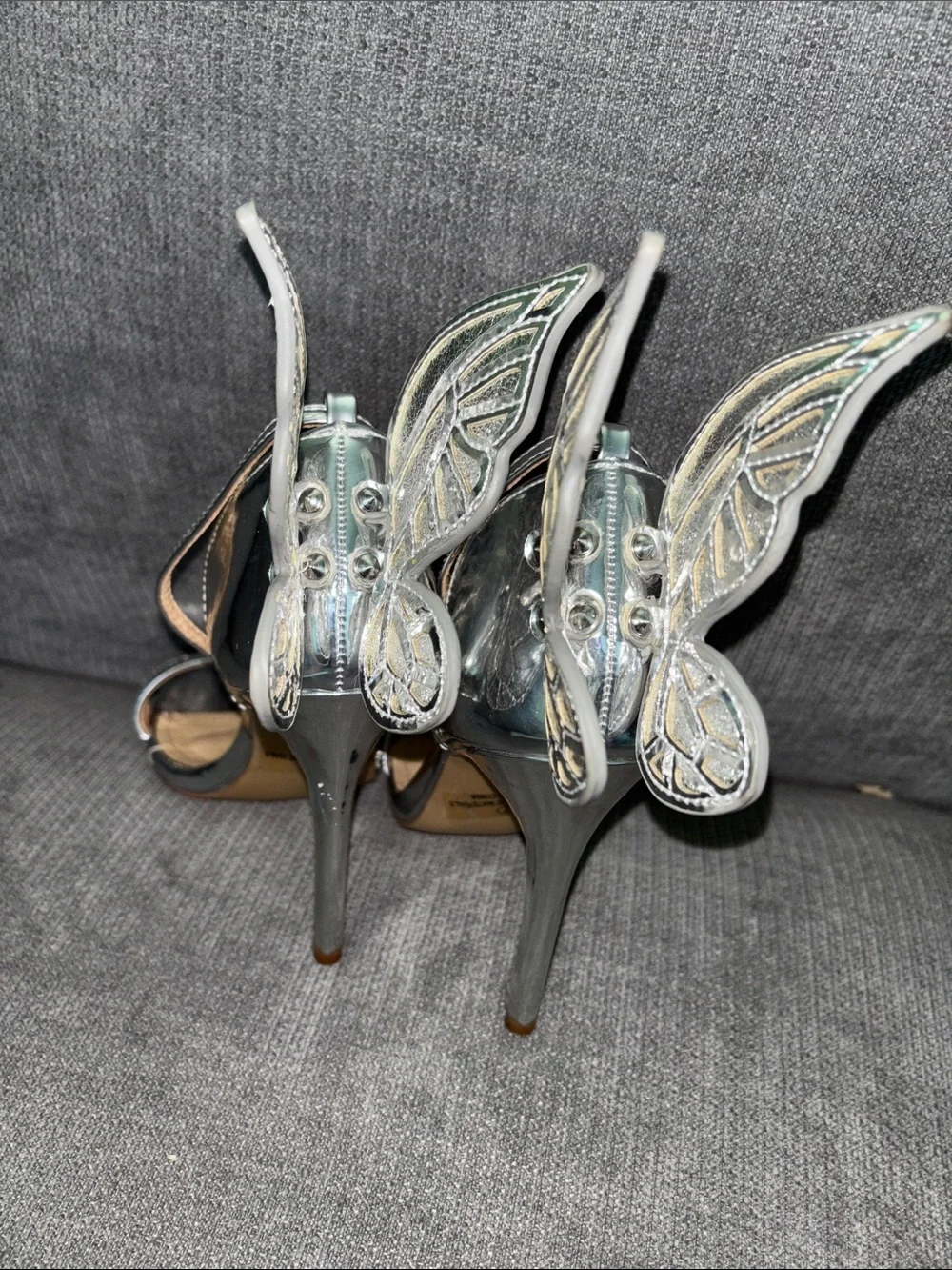 Windsor Silver Butterfly Wing Stiletto Heels - Women's Dress Sandals 7 EUC